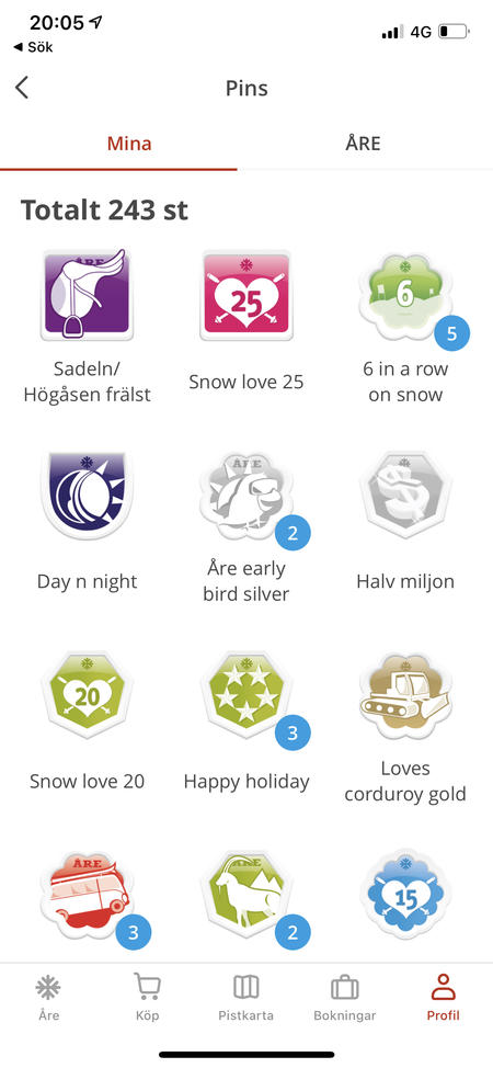 S.k. "pins" i SkiStar-appen som uppmuntrar skidkning